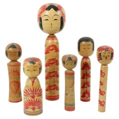 Lot of 6 Kokeshi Dolls Hand Painted Wood Japan Showa