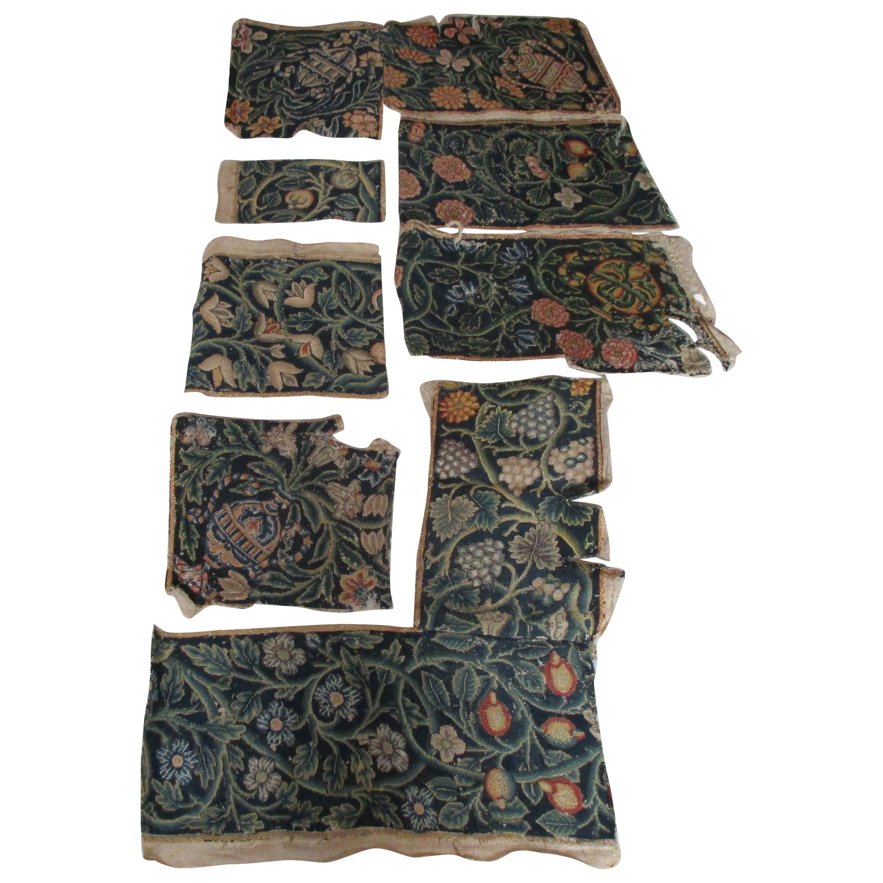 Lot of '7' Flemish Antique Floral Tapestry Fragments