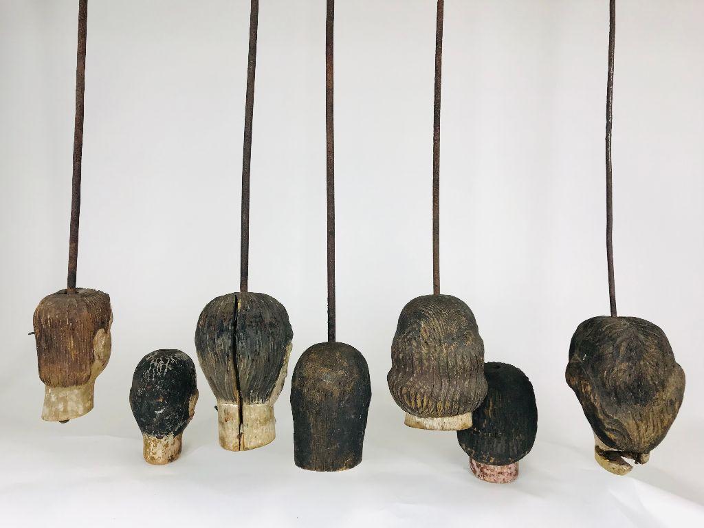Lot of 7 Hand Painted Hand Carved 18th Century French Marionette Wooden Heads 7