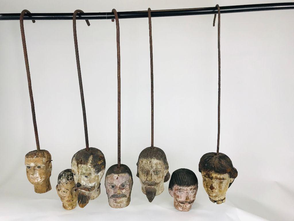 Lot of 7 Hand Painted Hand Carved 18th Century French Marionette Wooden Heads 11