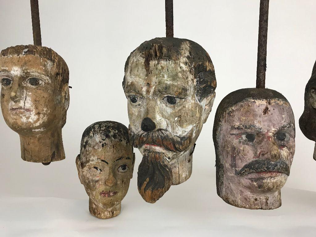 Lot of 7 Hand Painted Hand Carved 18th Century French Marionette Wooden Heads 3