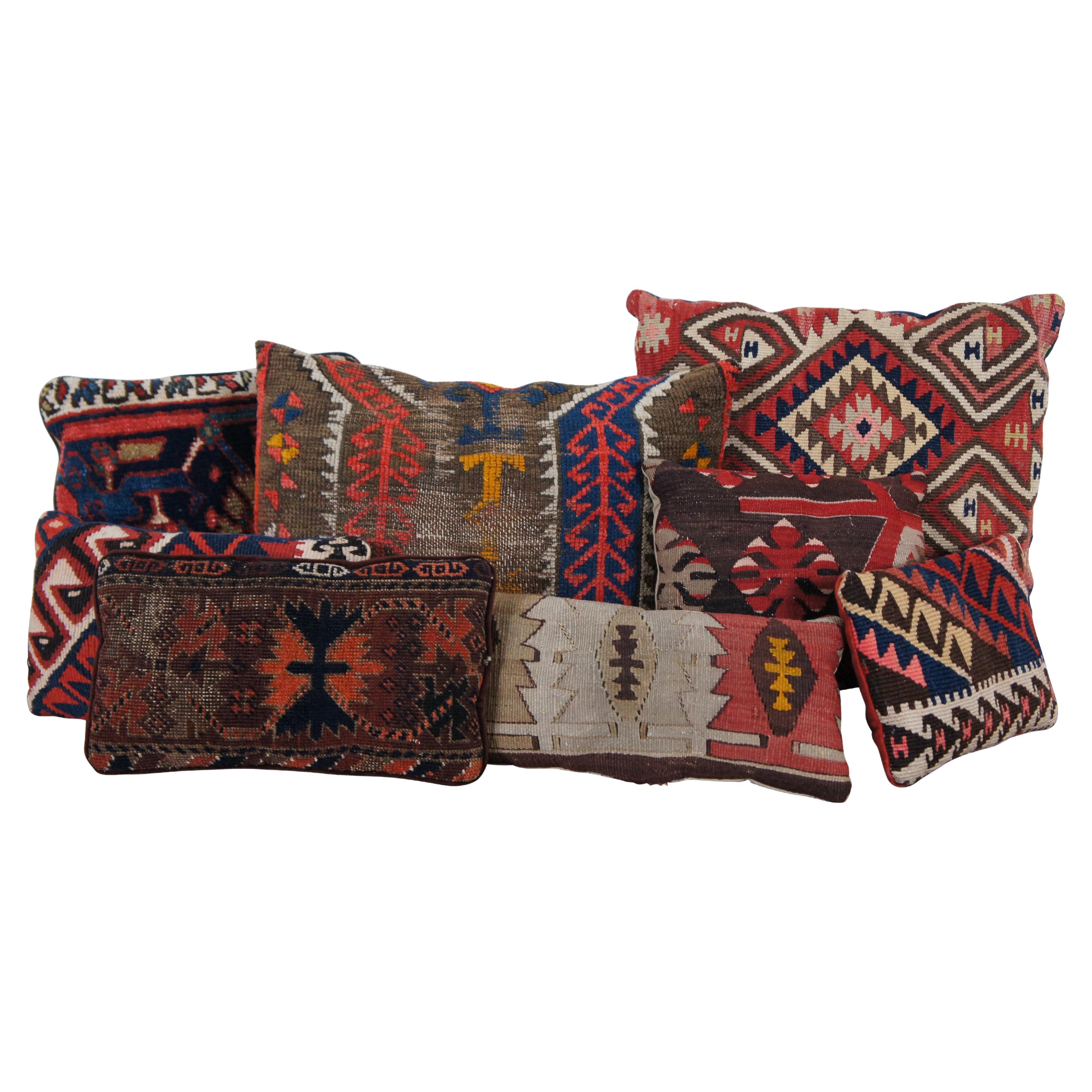 Lot of 7 Hand Woven Wool Kilim Rug Throw Accent Lumbar Pillows 11-20" For Sale