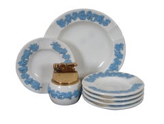 Lot of 7 Vintage Wedgwood Queensware Blue on Cream Lighter Ashtray Smokers Set