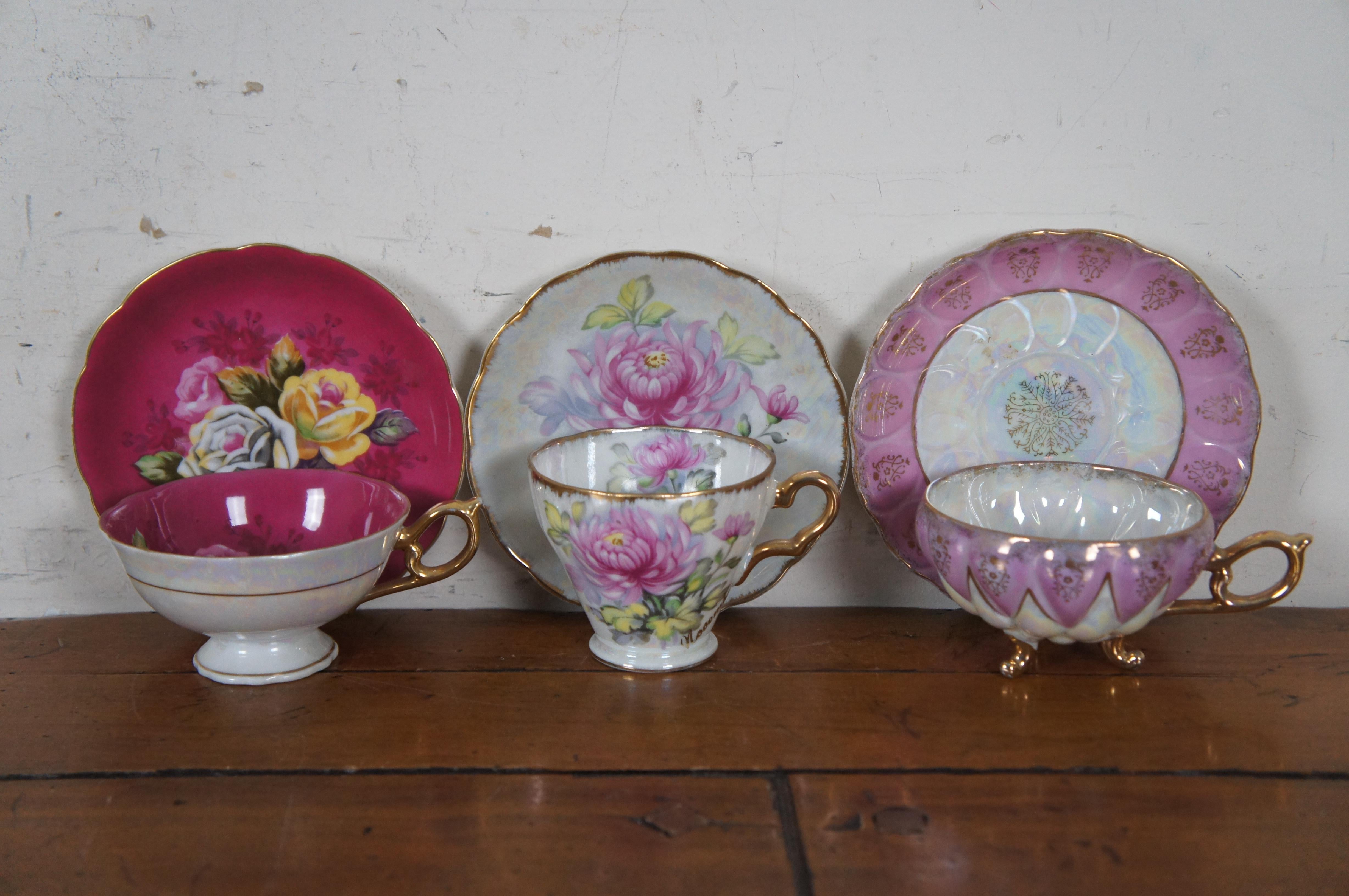 20th Century Lot of 9 Antique & Vintage Porcelain Teacups & Saucers Hand Painted Reticulated