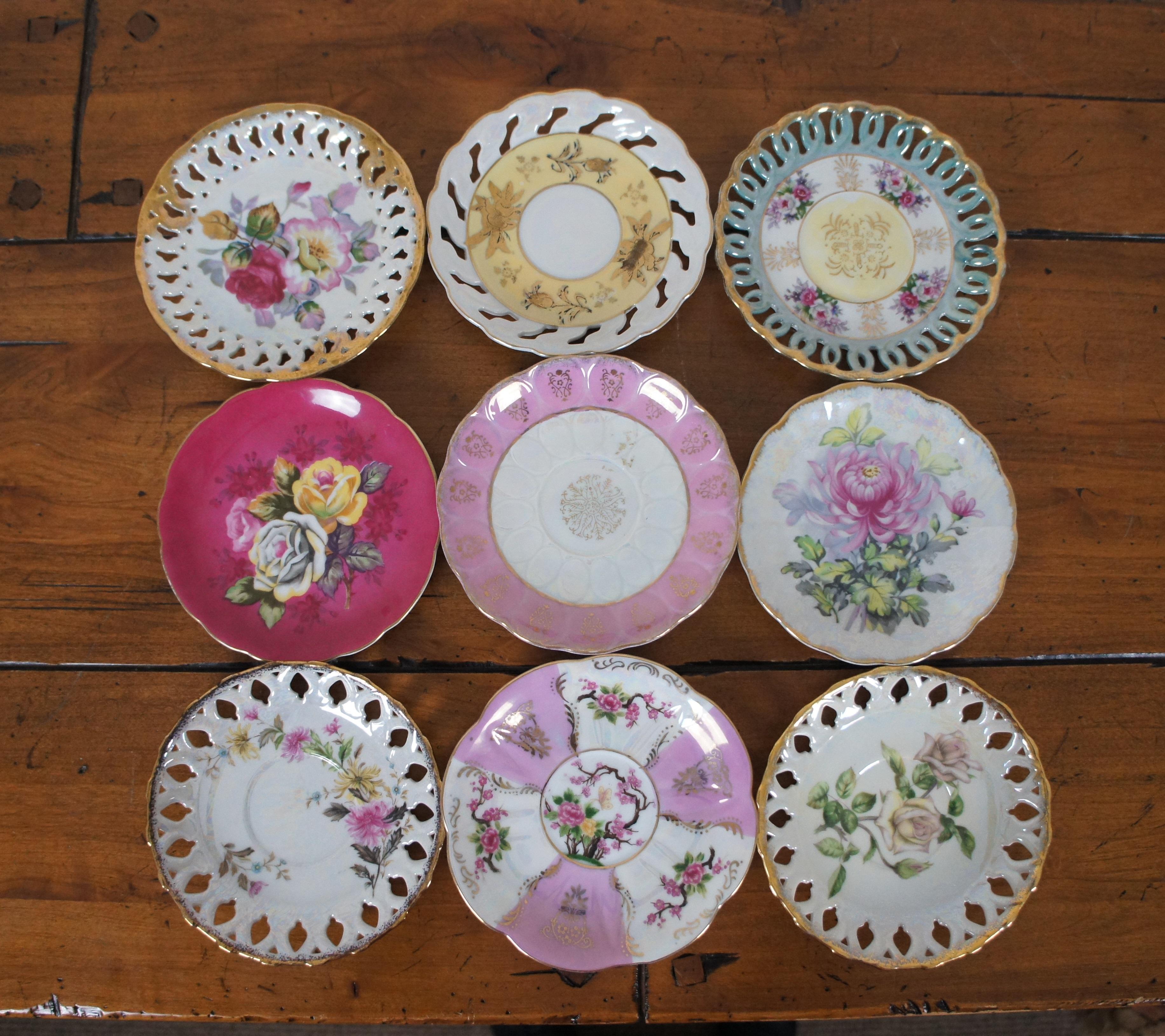 Lot of 9 Antique & Vintage Porcelain Teacups & Saucers Hand Painted Reticulated 1
