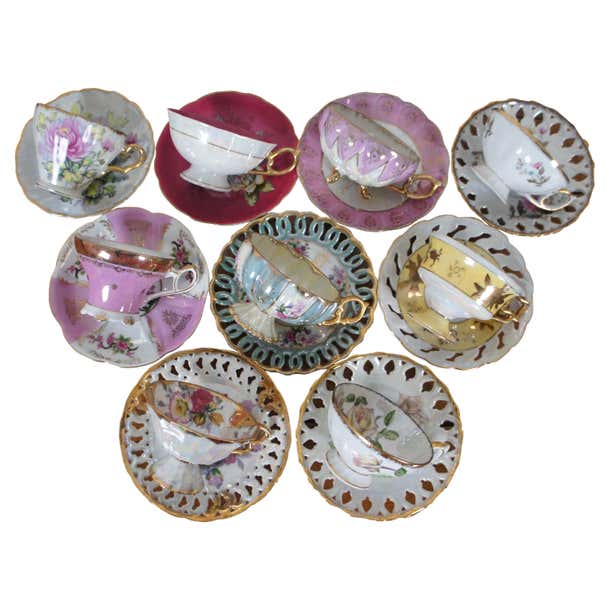 Lot of 9 Antique and Vintage Porcelain Teacups and Saucers Hand Painted