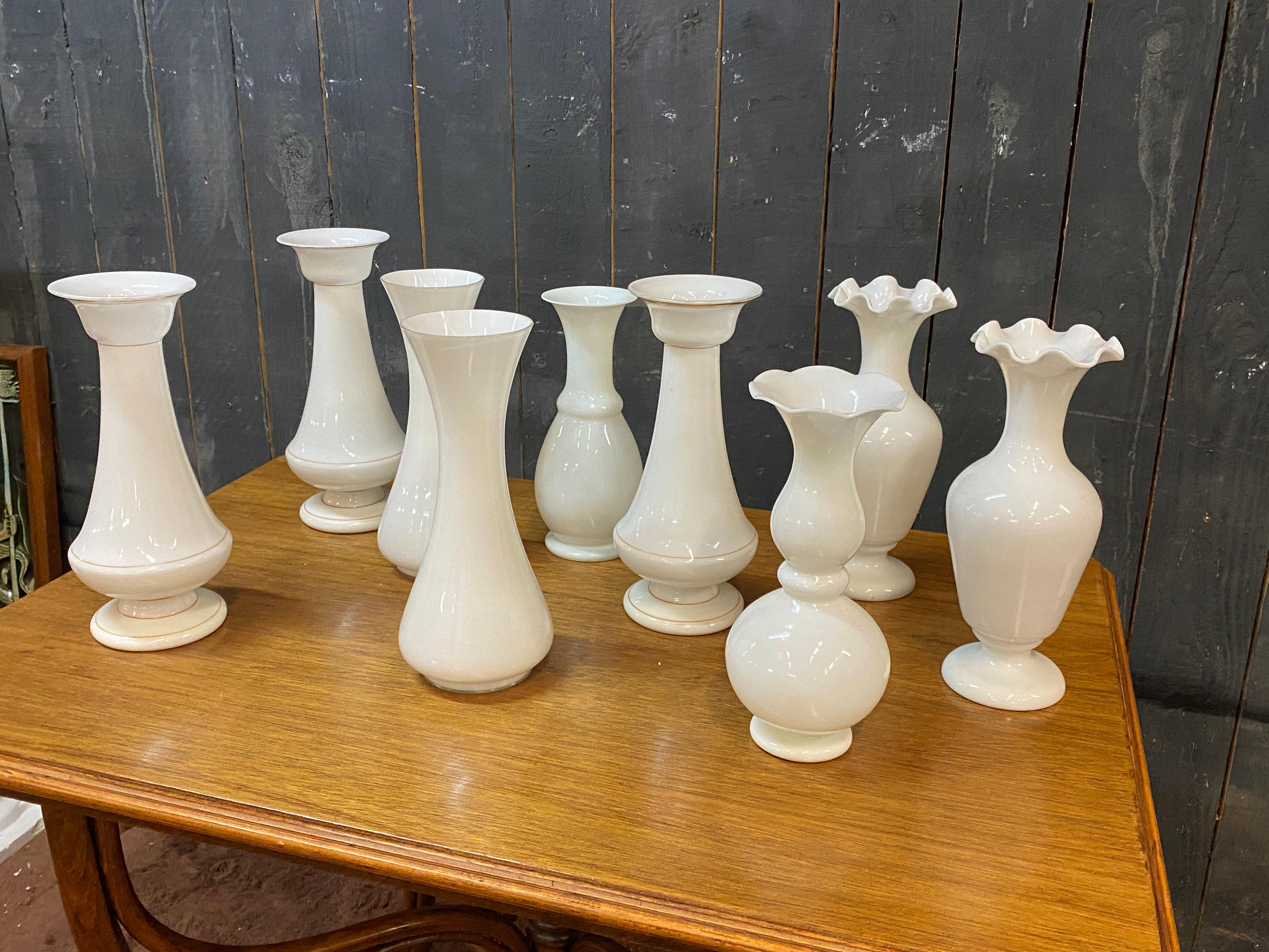 French Lot of 9 original opaline vases from the Napoleon III period, height from 11.42
