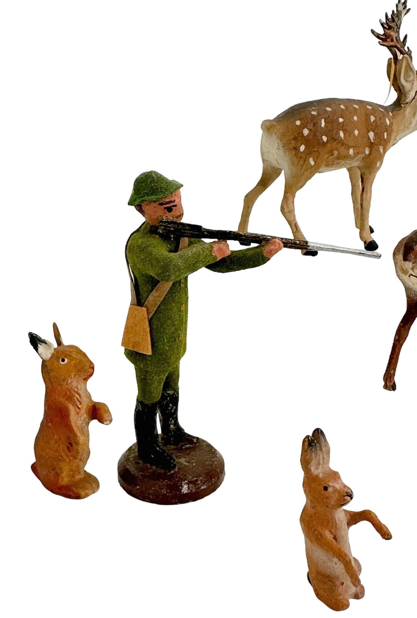 Lot of Deer, Kaninchen & Jäger Putz Spielzeug Antikes deutsches Erzgebirge Weihnachts 1900er Jahre im Angebot 2