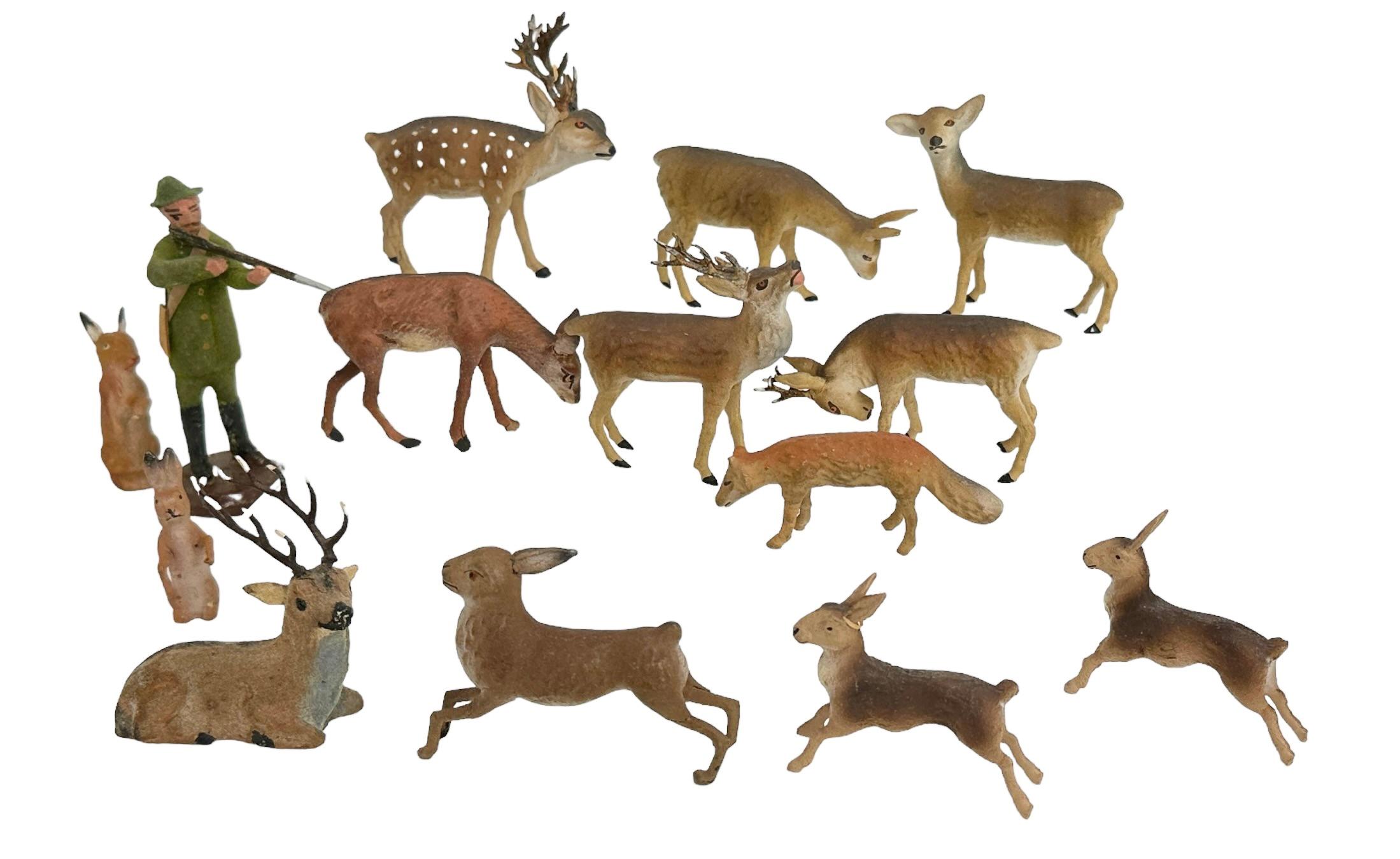 Lot of Deer, Kaninchen & Jäger Putz Spielzeug Antikes deutsches Erzgebirge Weihnachts 1900er Jahre im Angebot 3