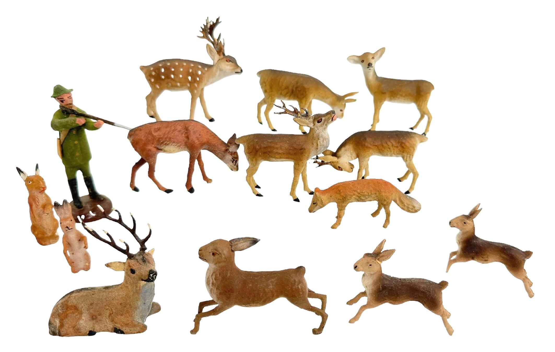Lot of Deer, Kaninchen & Jäger Putz Spielzeug Antikes deutsches Erzgebirge Weihnachts 1900er Jahre (Handgefertigt) im Angebot