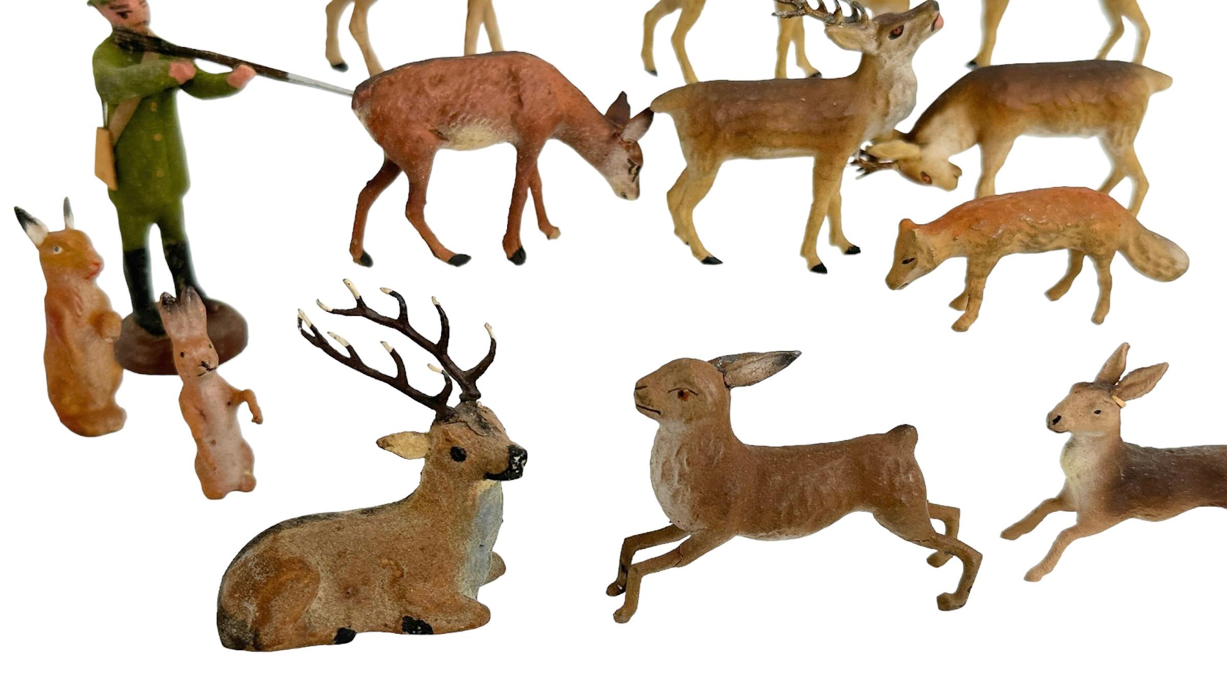 Lot of Deer, Kaninchen & Jäger Putz Spielzeug Antikes deutsches Erzgebirge Weihnachts 1900er Jahre im Angebot 1