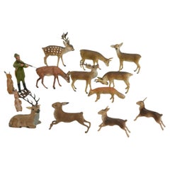 Lot of Deer, Rabbit & Hunter Putz Toy Antique German Erzgebirge Christmas 1900s