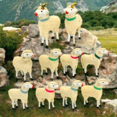 Lot of Eight Wooly Sheep & Two Ram Putz Toy Antique German Christmas 1900s