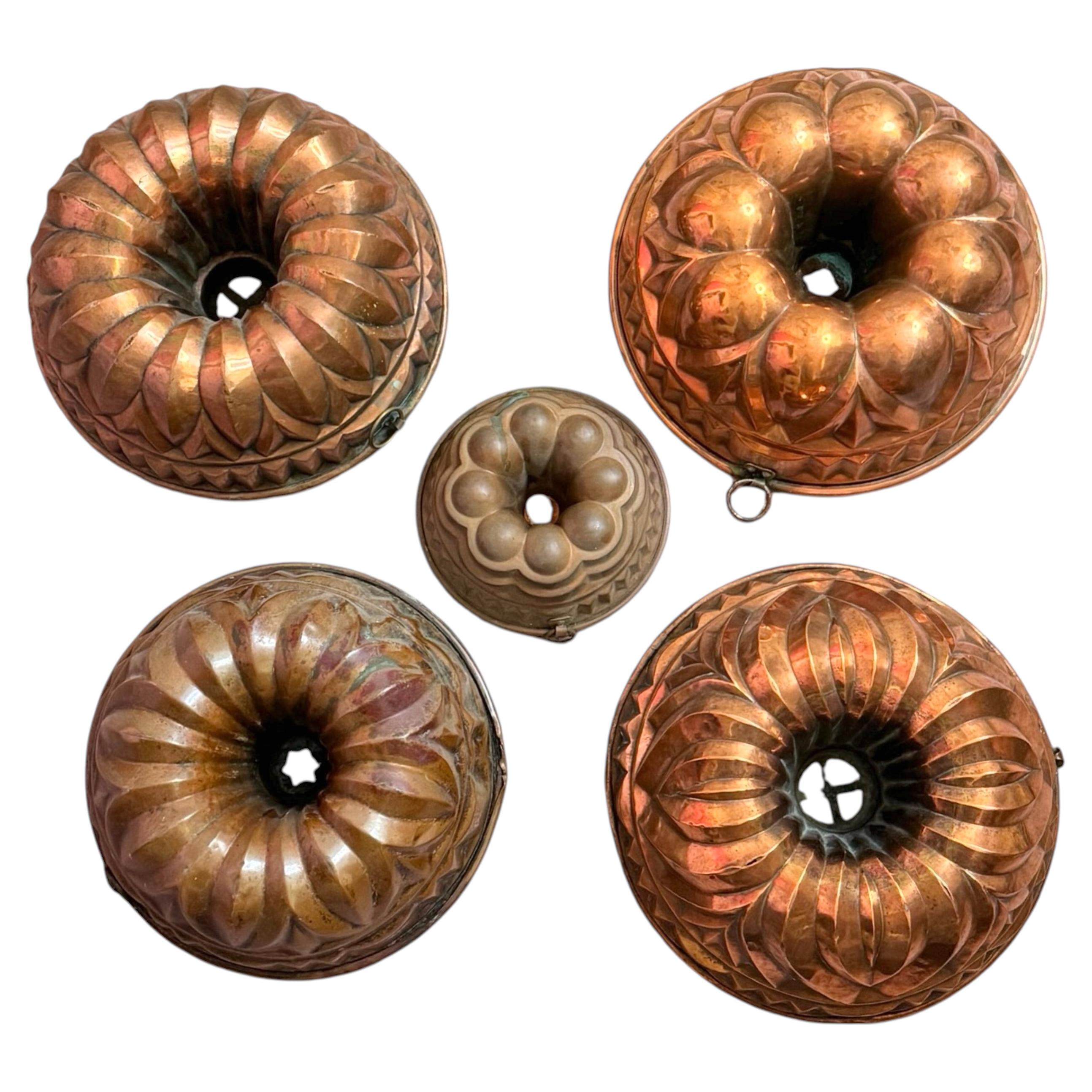 Lot of five 19th Century Copper Backing Cake Molds, German Antique 1890s