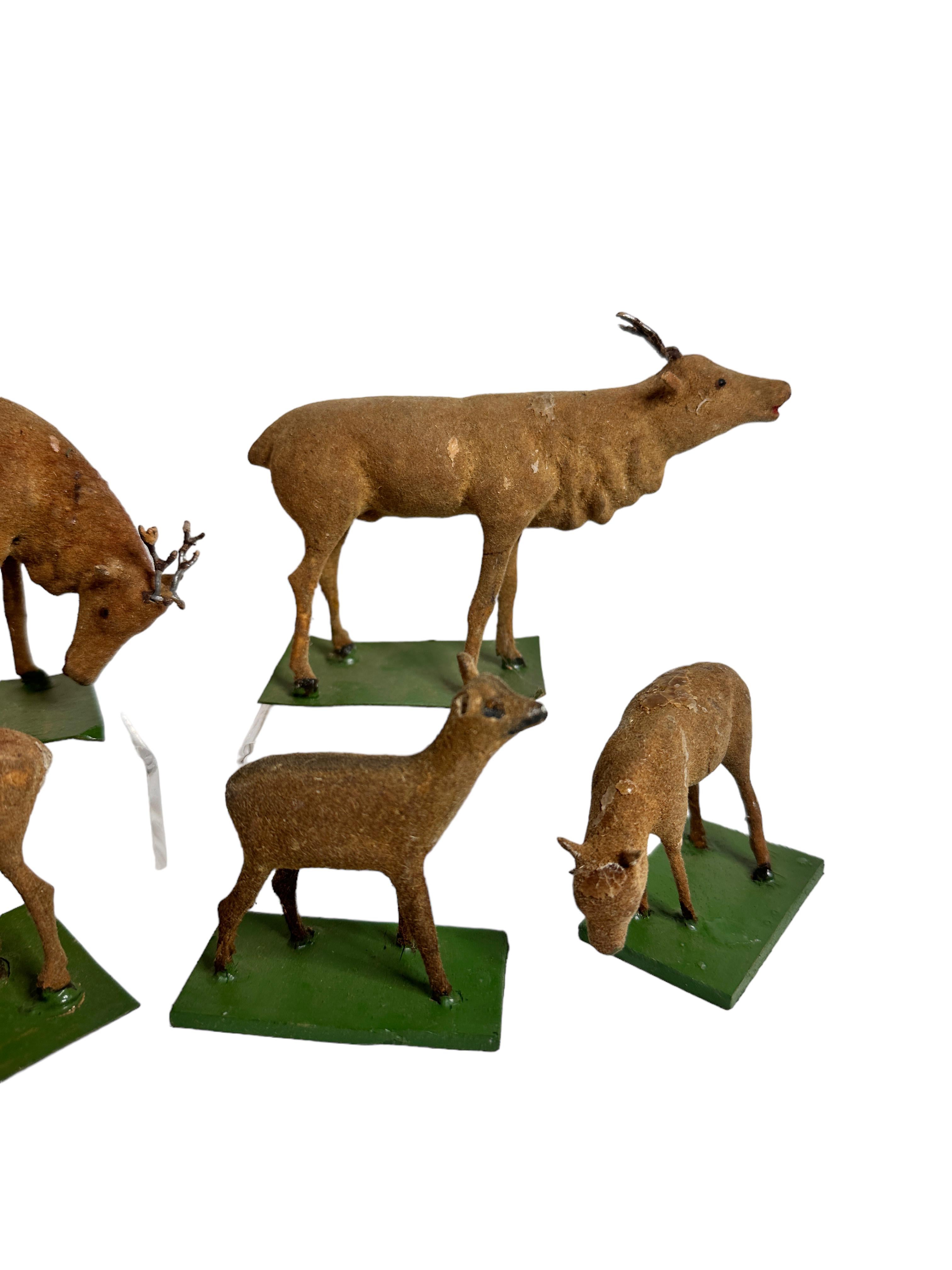 Folk Art Lot of Five Deer & Hunter Putz Toy Antique German Erzgebirge Christmas 1880s For Sale