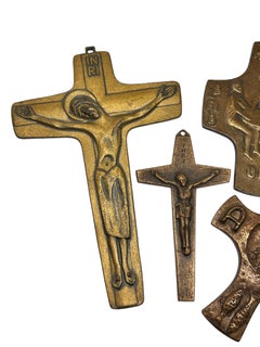 Lot of Five Mid-Century Modern Brutalist Bronze Crucifix Cross Wall Decoration