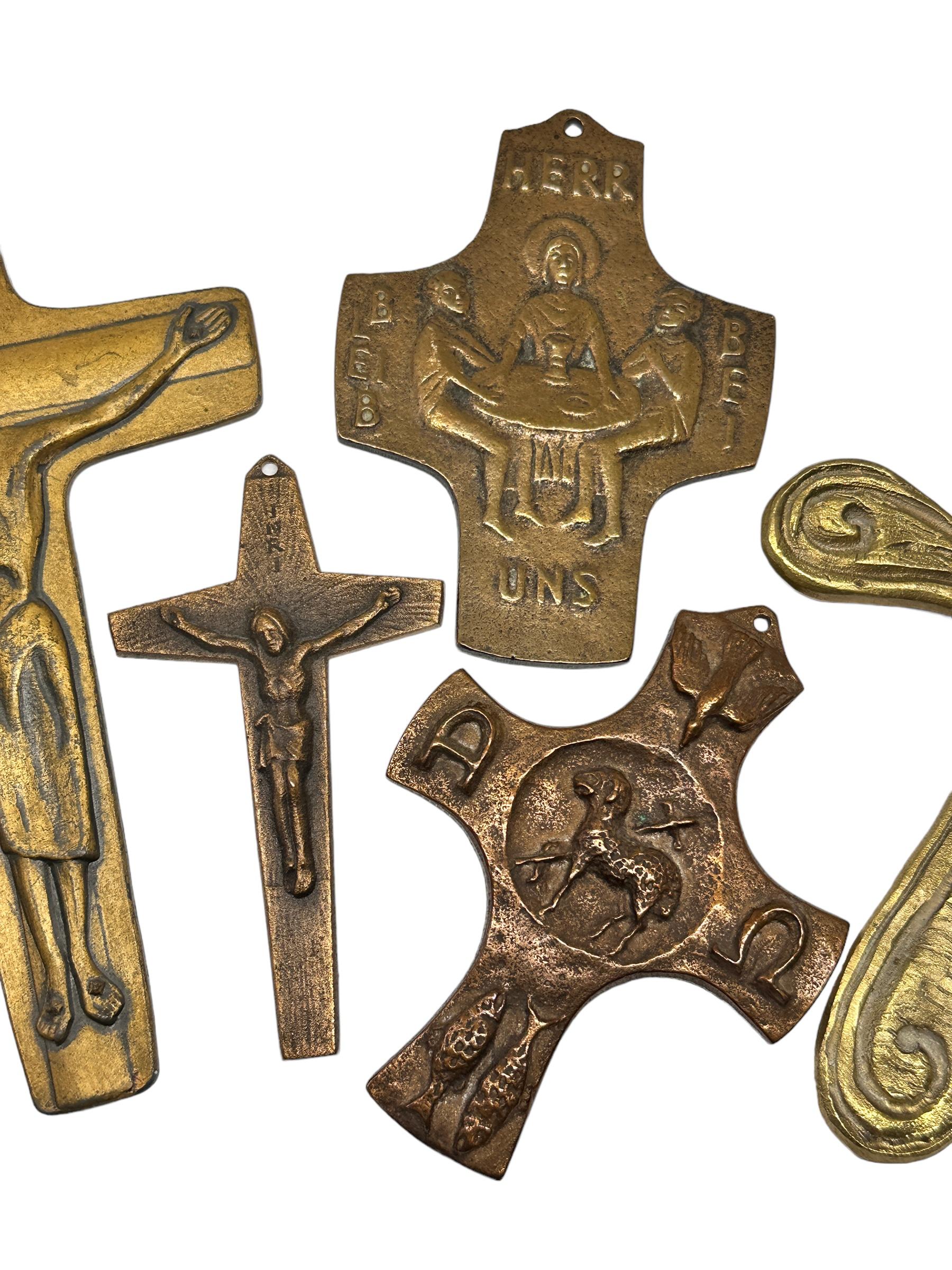 German Lot of Five Mid-Century Modern Brutalist Bronze Crucifix Cross Wall Decoration For Sale