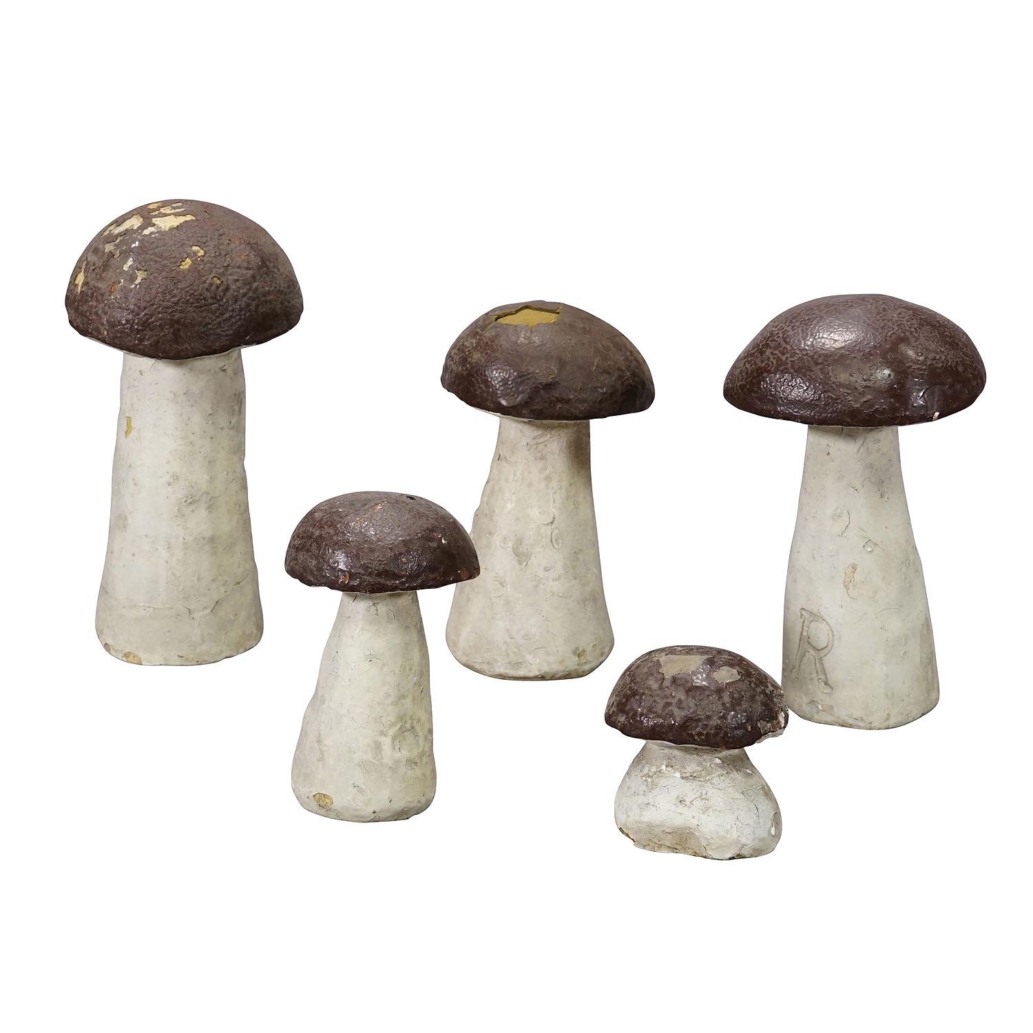 Lot of Five Terracotta Boletus Mushrooms for Garden Decoration 1950s
Item e7197
A rare set of five boletus mushrooms for garden decoration with garden gnomes. Made in Germany ca. 1950s probably by Heissner. They are made of terracotta and
