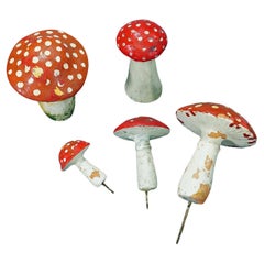 Lot of Five Terracotta Toadstool Mushrooms for Garden Decoration 1950s