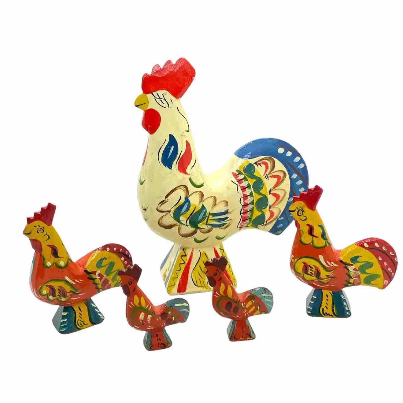 This offer is for a collection of five Swedish Dala rooster Chicken by Nils Olsson. Each is hand carved painted wood. Nice display item for every room. The large one is approx. 6 3/4