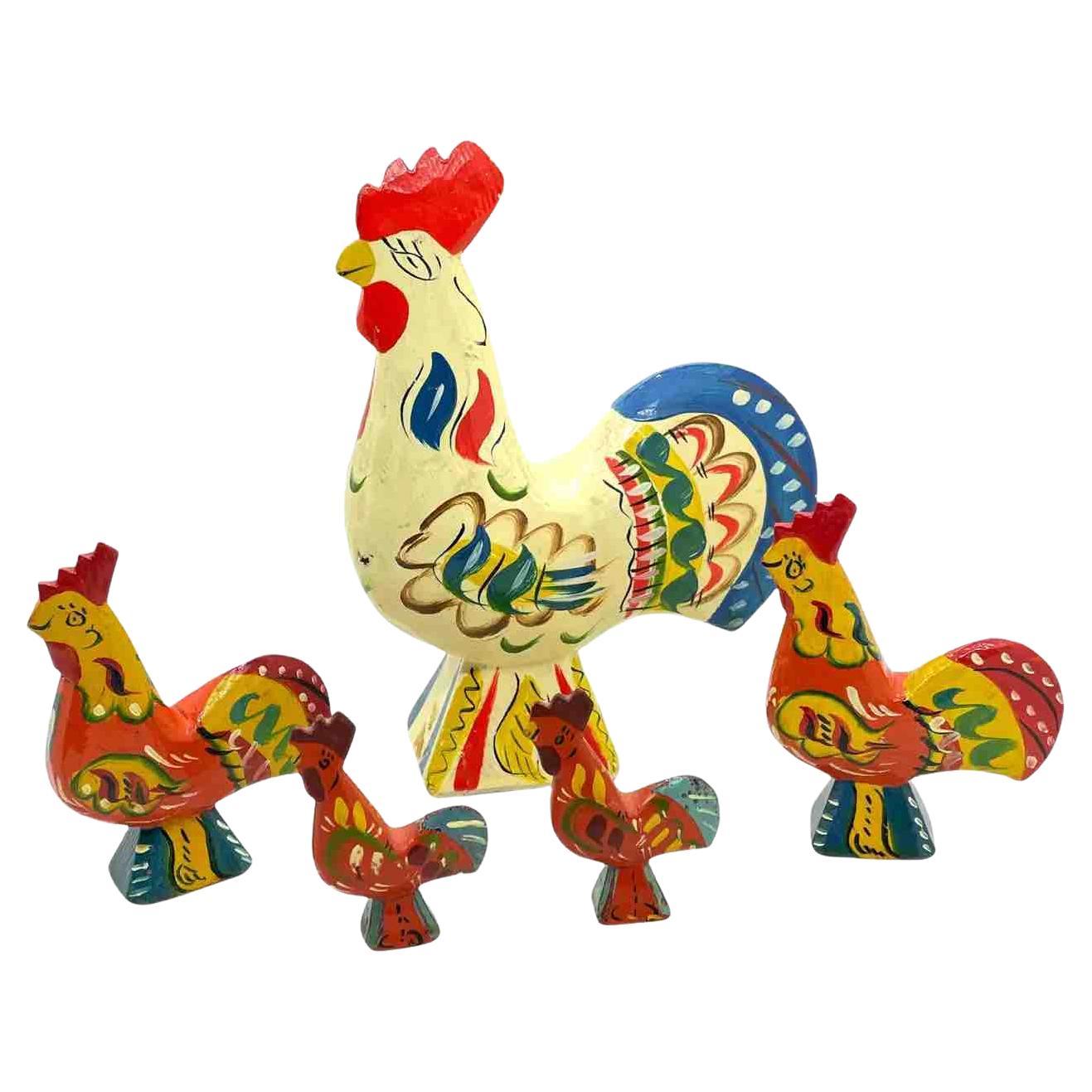 Lot of Five Vintage Swedish Dala Rooster Chicken by Nils Olsson, Sweden Folk Art