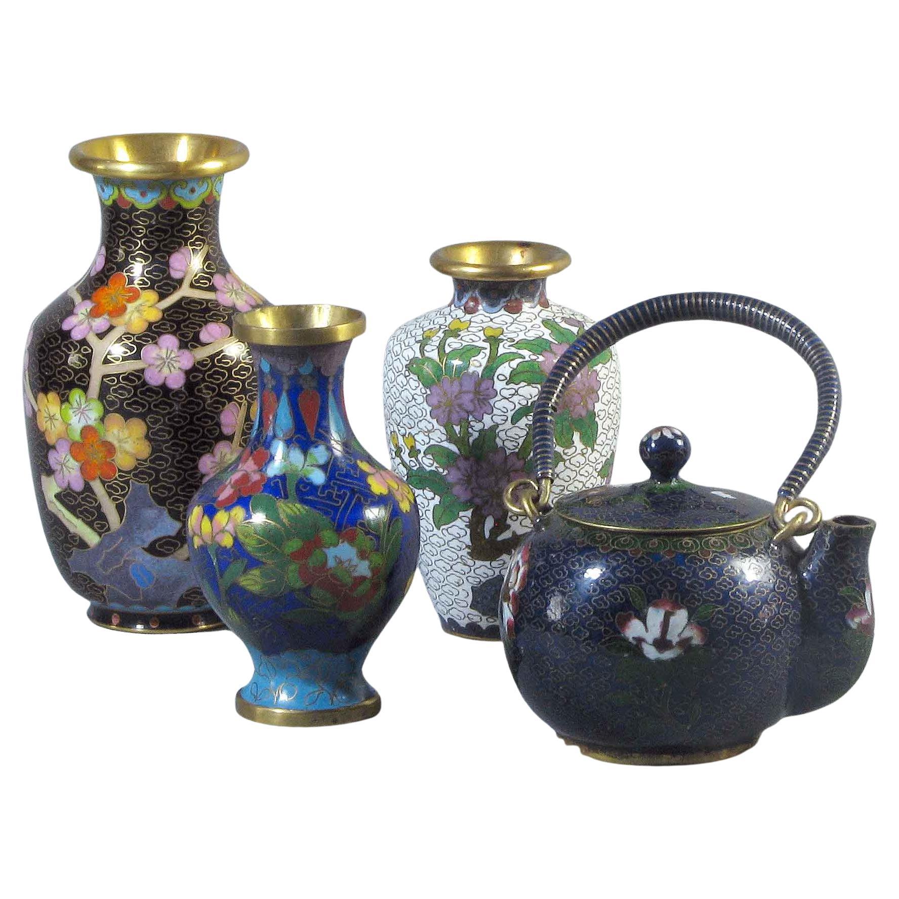 Lot of Four Chinese Cloisonne Vases & Teapot, 20th Century