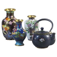 Vintage Lot of Four Chinese Cloisonne Vases & Teapot, 20th Century