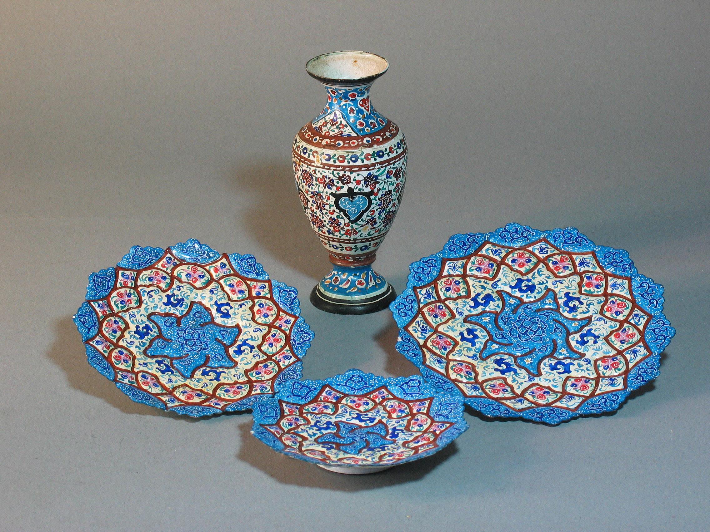 20th Century Lot of Four Iranian Minakari Enamel Decorated Small Copper Vase and Plates For Sale