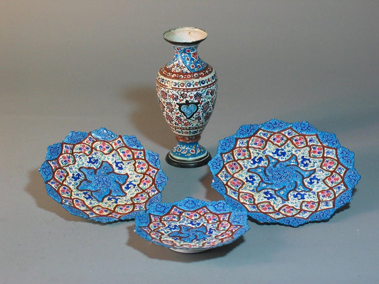 Lot of Four Iranian Minakari Enamel Decorated Small Copper Vase