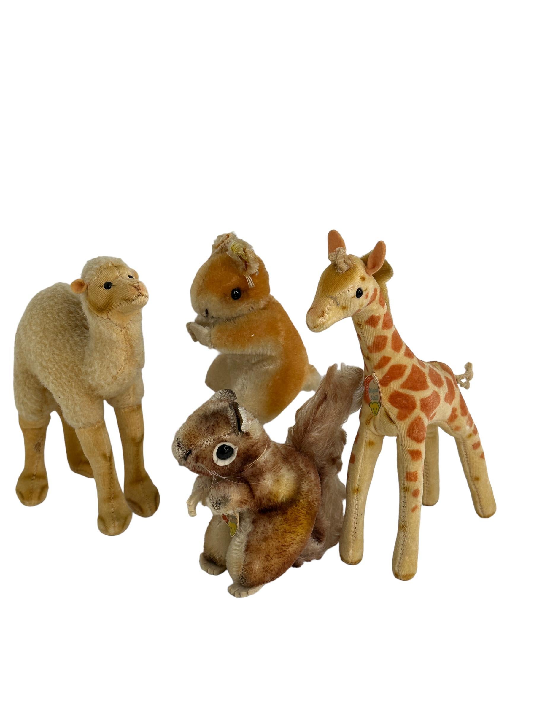Folk Art Lot of Four Vintage Steiff Animals, Squirrel Camel Hamster & Giraffe, 1960s For Sale