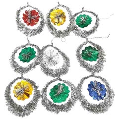 Lot of Nine Tinsel Christmas Ornaments Vintage, German