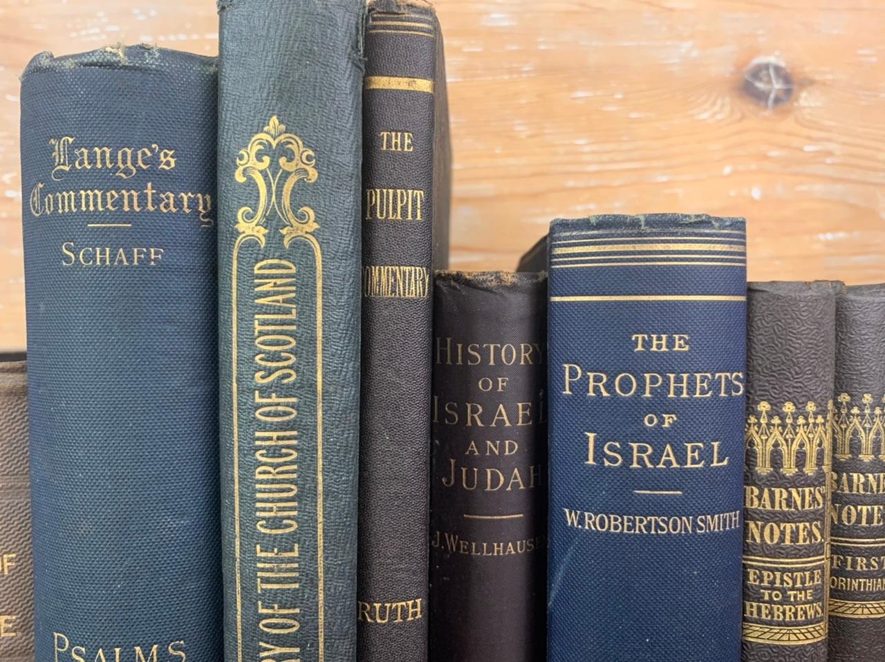 Viele Bücher zu verschiedenen Themen wie die Kirche von Scoltand oder die Geschichte Israels. Reihe alter Bücher aus dem 19. Jahrhundert. Aus einer alten protestantischen Bibliothek in der Nähe von Le Havre in Frankreich. Diese schönen Bücher sind