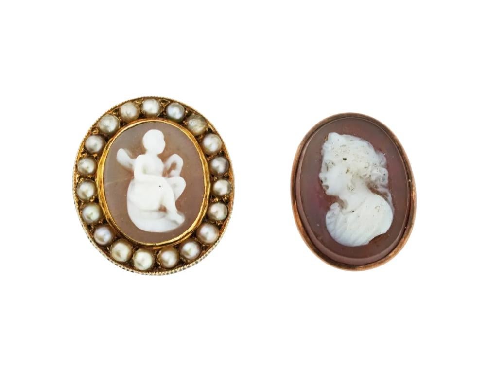 A lot of two oval carved Gold mounted Sardonyx stone cameos in two layers. The cameos are carved in raised relief, depicting a female portrait in profile facing left; and a cherub. One is adorned with a frame encrusted with pearls. Antique and