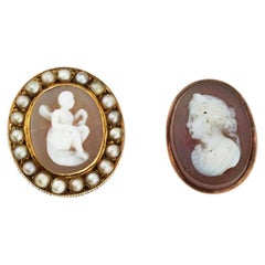 Lot Of Oval Carved Stone Pearl Gold Mounted Cameos