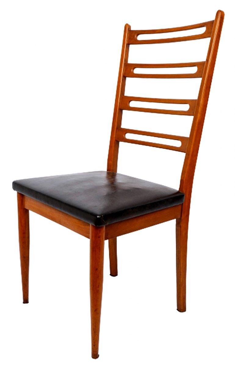 Magnificent set of five Danish teak dining chairs with ladder backs attributed to Niels Koefoed.
The seats are upholstered in imitation leather.

Period: 20th Century
Circa : 1965 - 1970
Dimensions : Total height : 100cm x width : 47cm x depth :