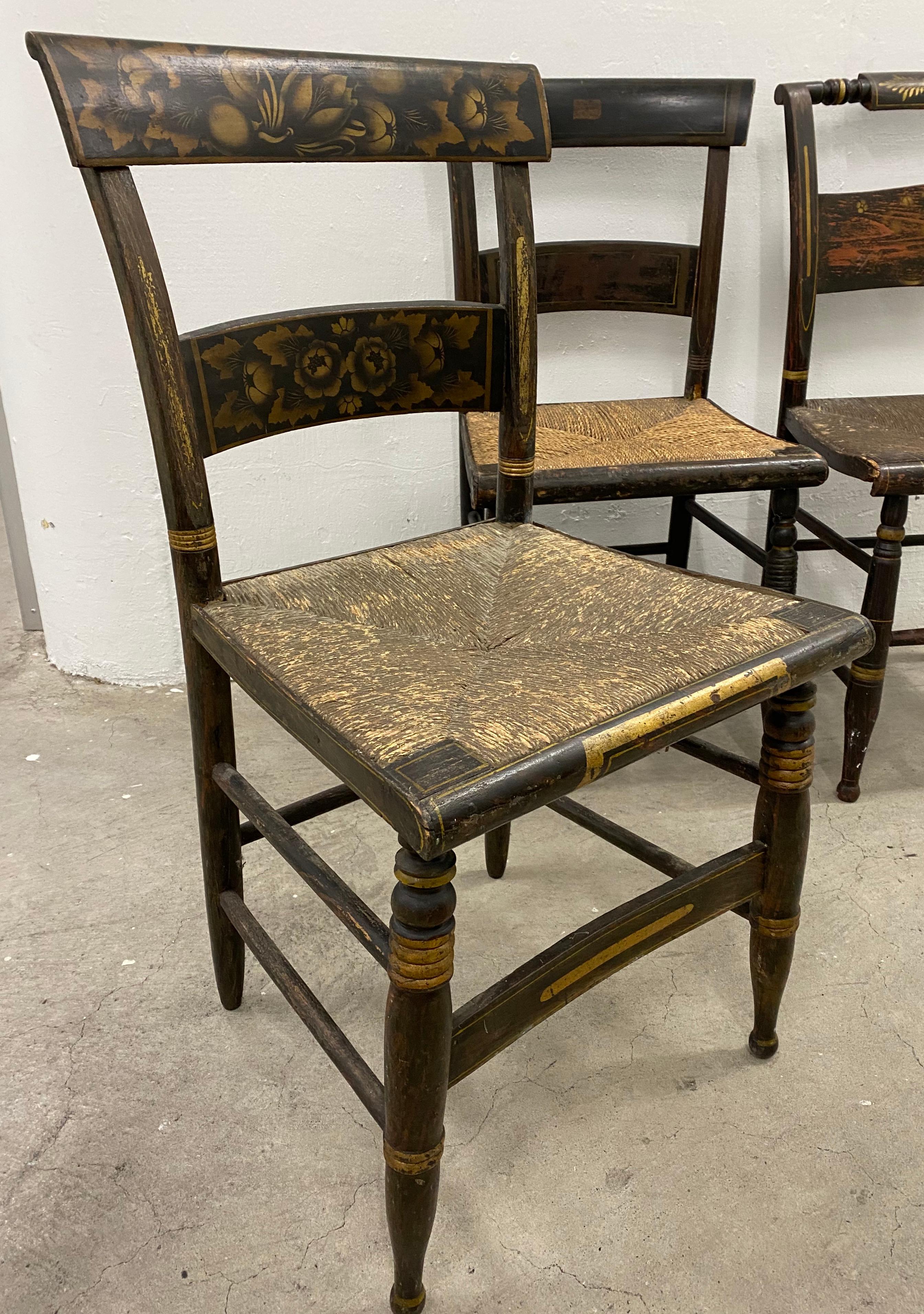 Hand-Carved Lot of Six Mid-19th Century Mis-Matched American Hitchcock Side Chairs