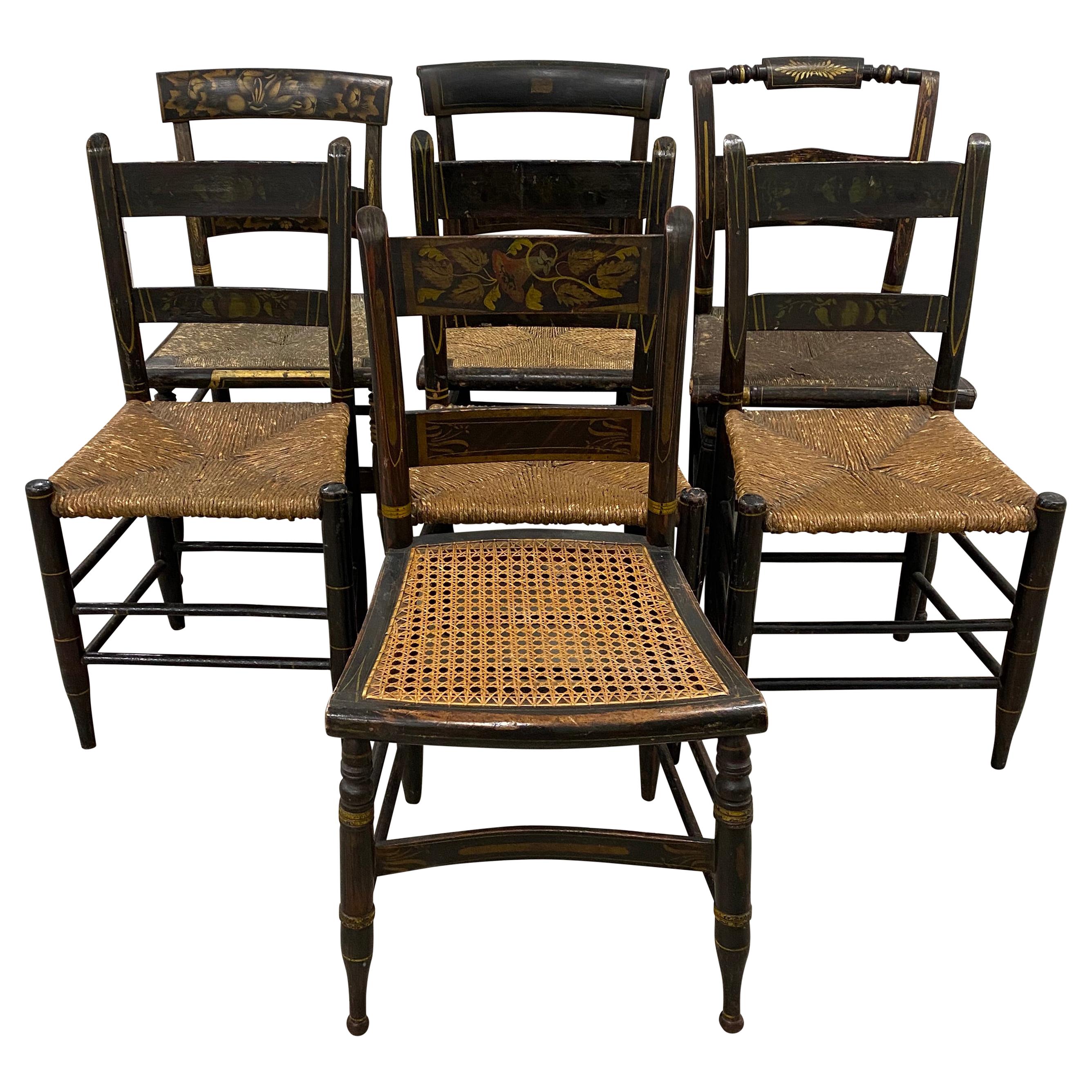 Lot of Six Mid-19th Century Mis-Matched American Hitchcock Side Chairs