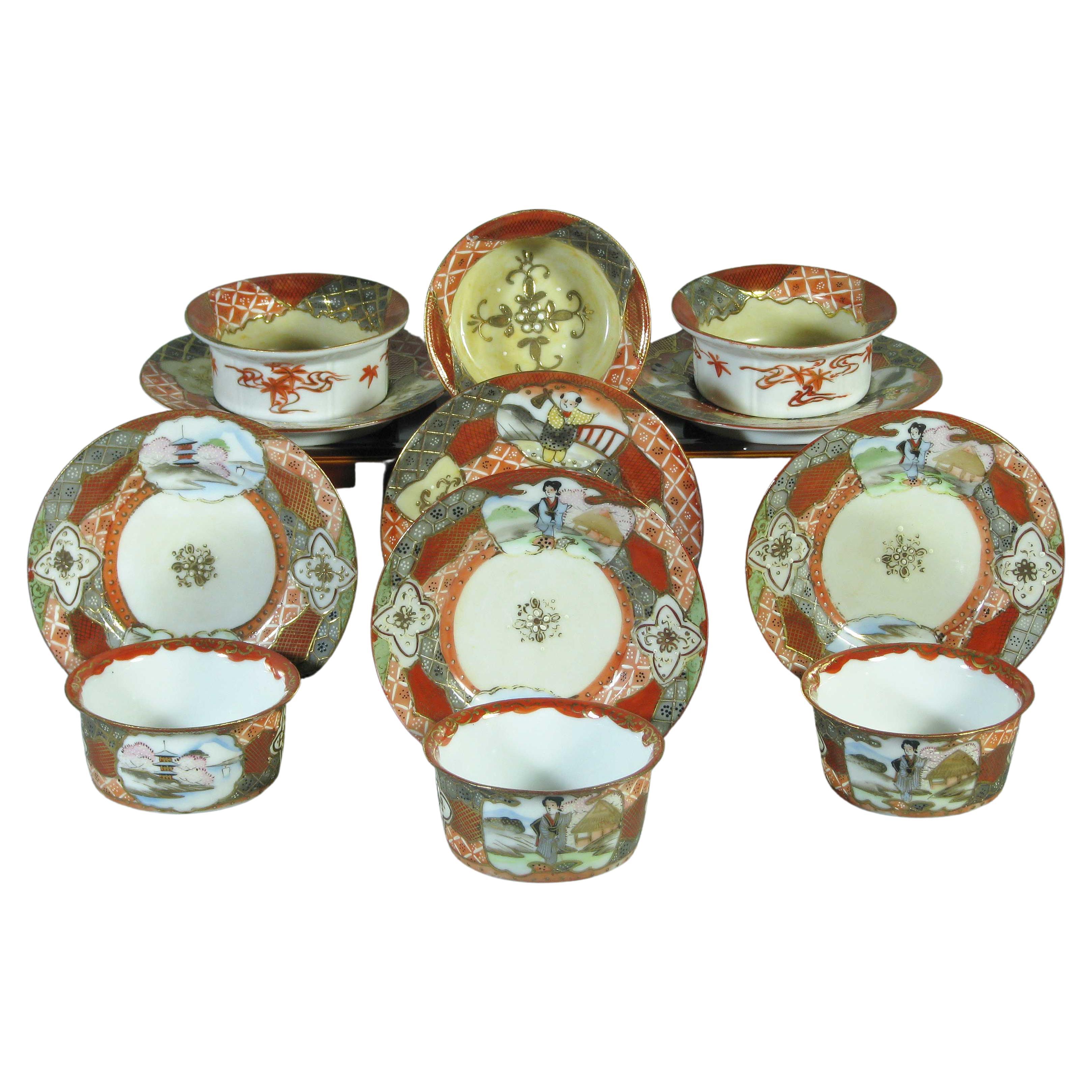 Lot Of Six Rare Japanese Kutani Porcelain Ramekins Dessert Dishes & Saucers For Sale