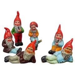 Vintage Lot of Six Tiny Terracotta Garden Gnomes, Germany ca. 1950s