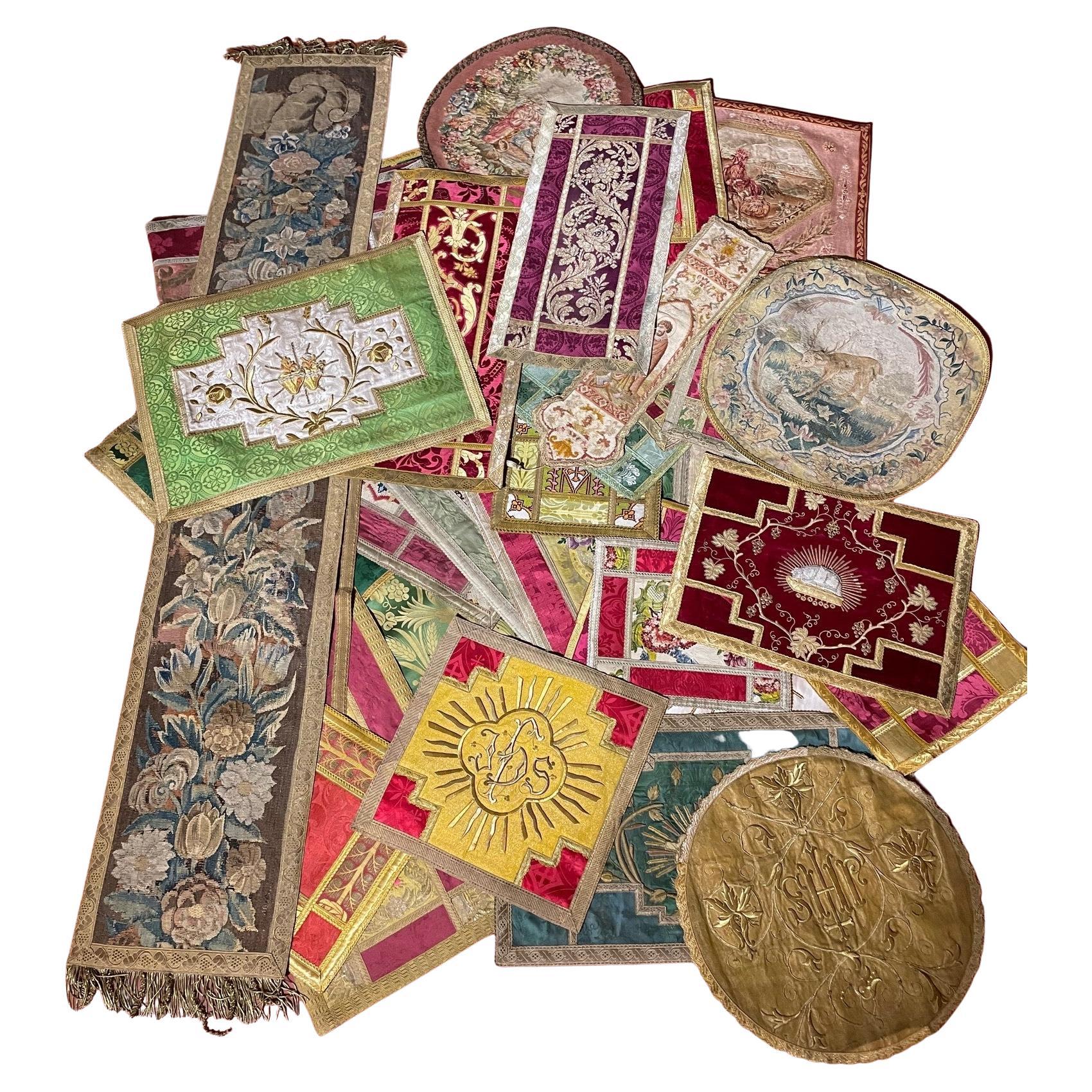 Lot of Table Runners Made from Old Fabrics and Tapestries from the 17-19 Century