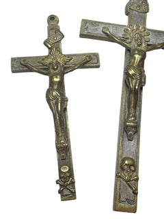Lot of Three Antique Catholic Crucifix Brass & Wood, Germany 1920s or earlier