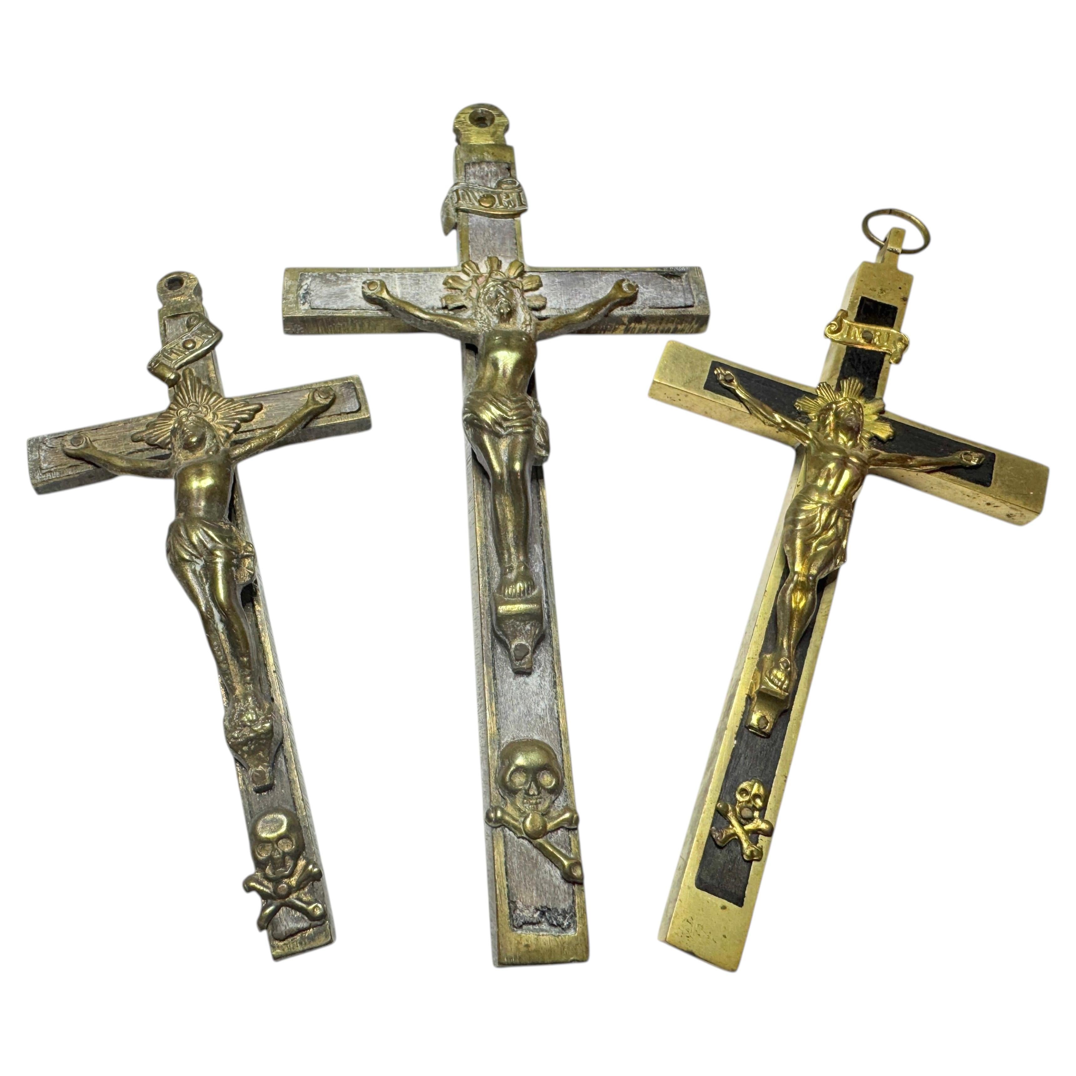 Lot of Three Antique Catholic Crucifix Brass & Wood, Germany 1920s or earlier
