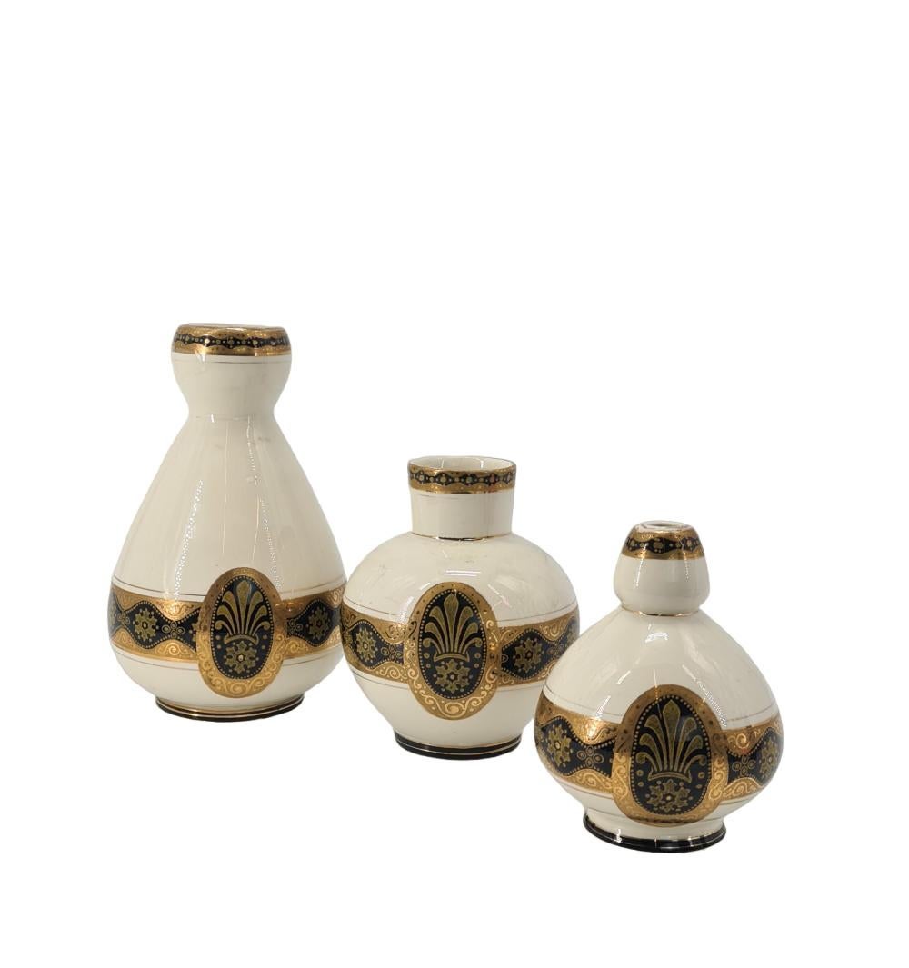 Lot of THREE ART NOUVEAU signed by Boch Keramis circa 1900
Vases in earthenware decorated with Arabic on gilding incised by Boch Brothers Kéramis circa 1900.
Signed BFK 593 A/L
Size: 9 1/2 inches
7 inches
6 1/2 inches

Good conditions