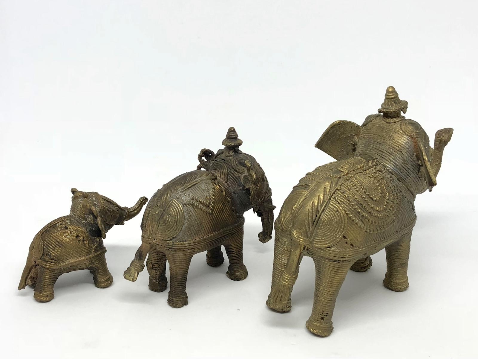 Folk Art Lot of Three Asian Elephant Brass Sculpture Figures Vintage, 1950s