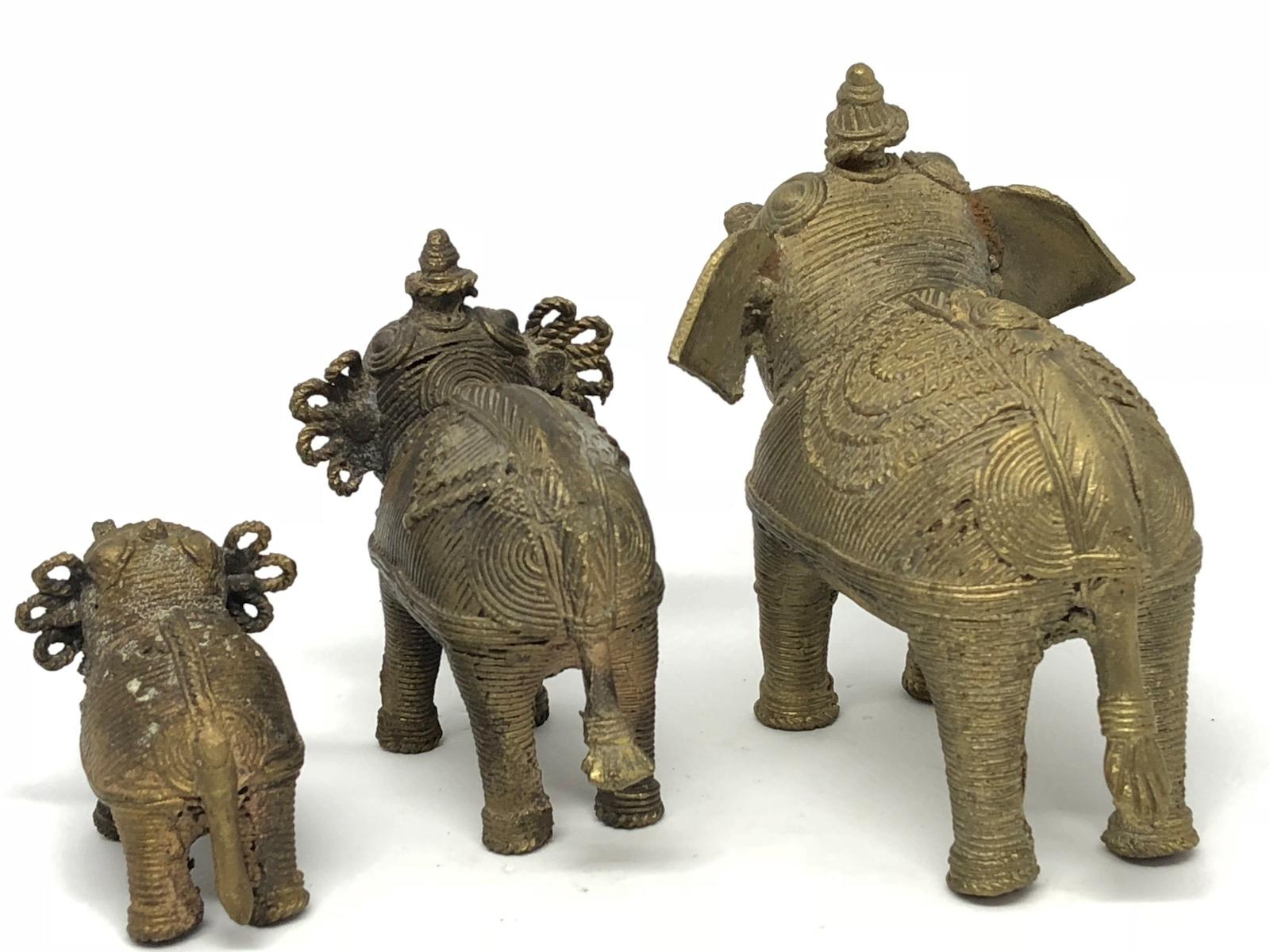 Hand-Crafted Lot of Three Asian Elephant Brass Sculpture Figures Vintage, 1950s