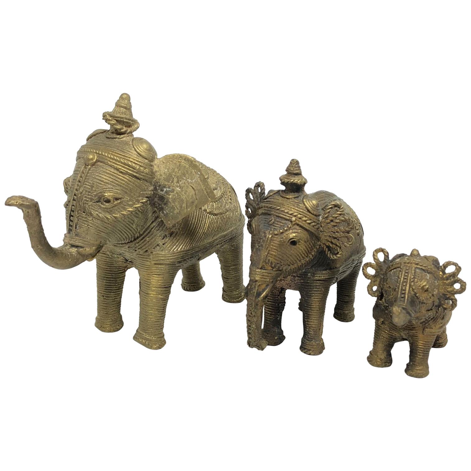 Lot of Three Asian Elephant Brass Sculpture Figures Vintage, 1950s