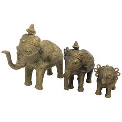 Lot of Three Asian Elephant Brass Sculpture Figures Vintage, 1950s