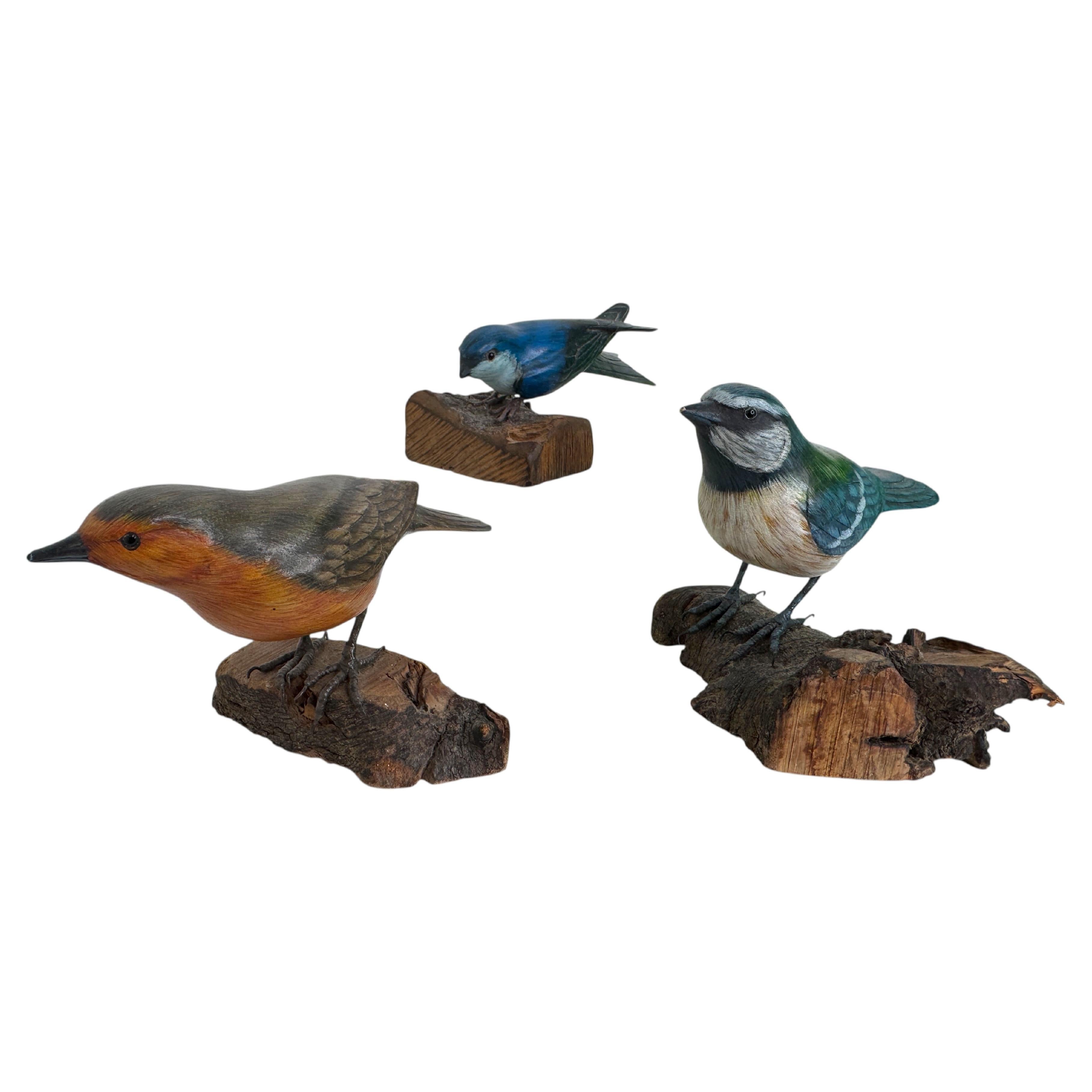 Lot of Three Carved Wood Bird Black Forest Folk Art Austria 1960s