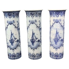 Antique Lot of Three Delft Ceramic Vases, Early 20th Century with Maritime Decor