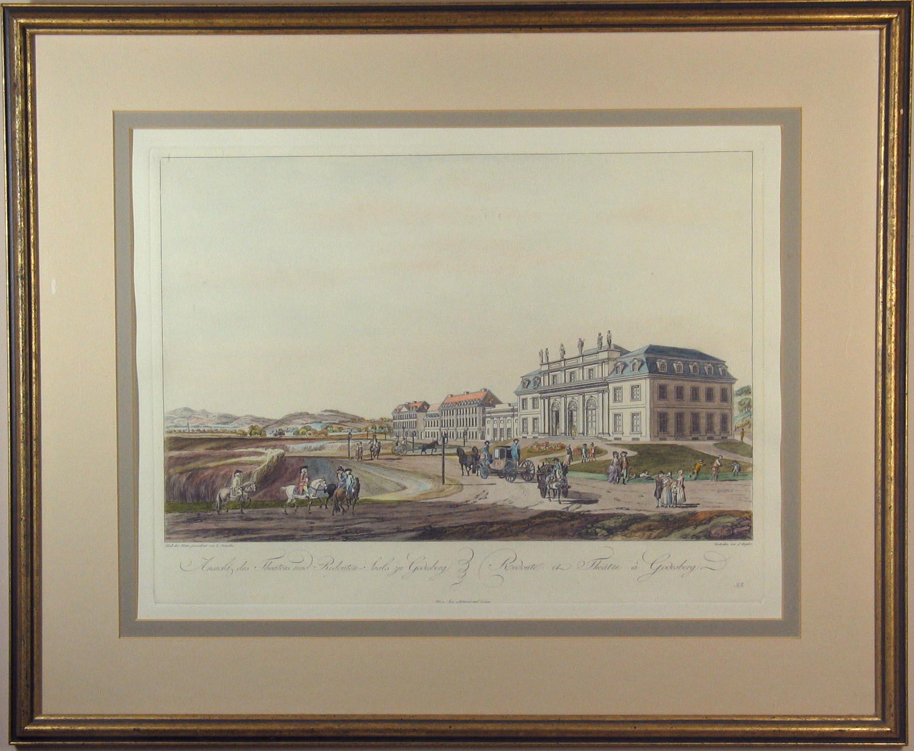 German Lot of Three Framed Decorative Hand Colored Topographical Etchings For Sale